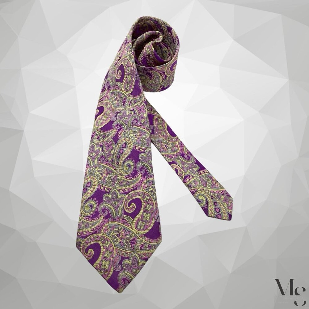 DUCHAMP LONDON X-Long Purple Green Paisley Silk Tie H.M England 62”-3.75" NWOT